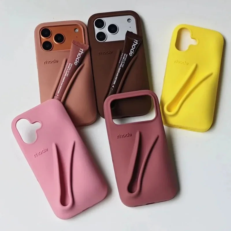 RHODE Lip Gloss Phone Case Silicone Protective Cases Makeup Lipstick Holder Set for IPhone 14 15 16 17 Pro Max Air 13 12 11 Plus