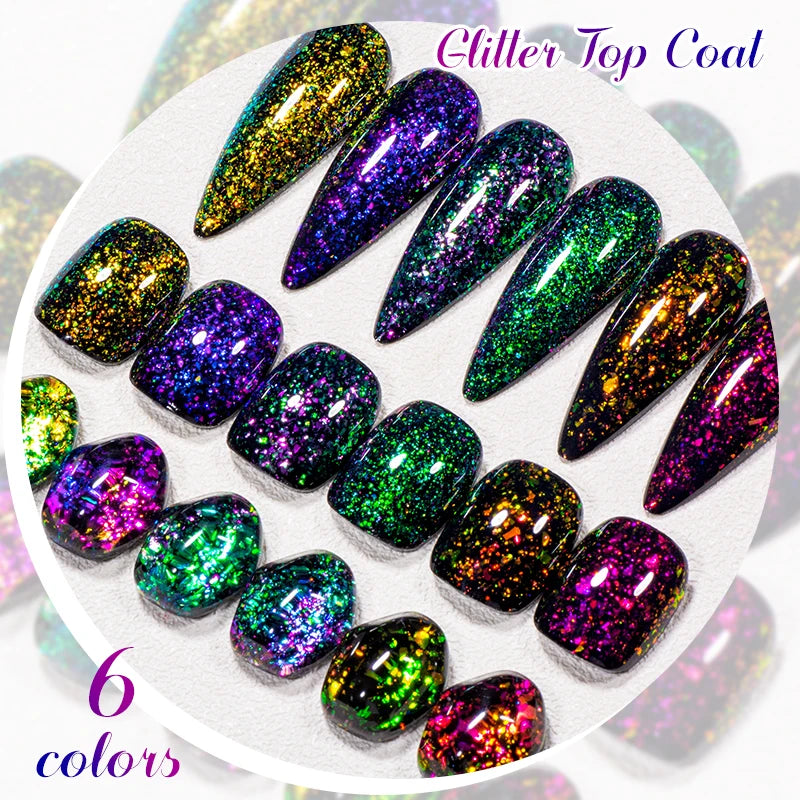 MEET ACROSS 7ml Dark Color Glitter Top Coat Gel For Nails Brocade Powder 2 In 1 Chameleon Nail Art Gel Varnish Manicure