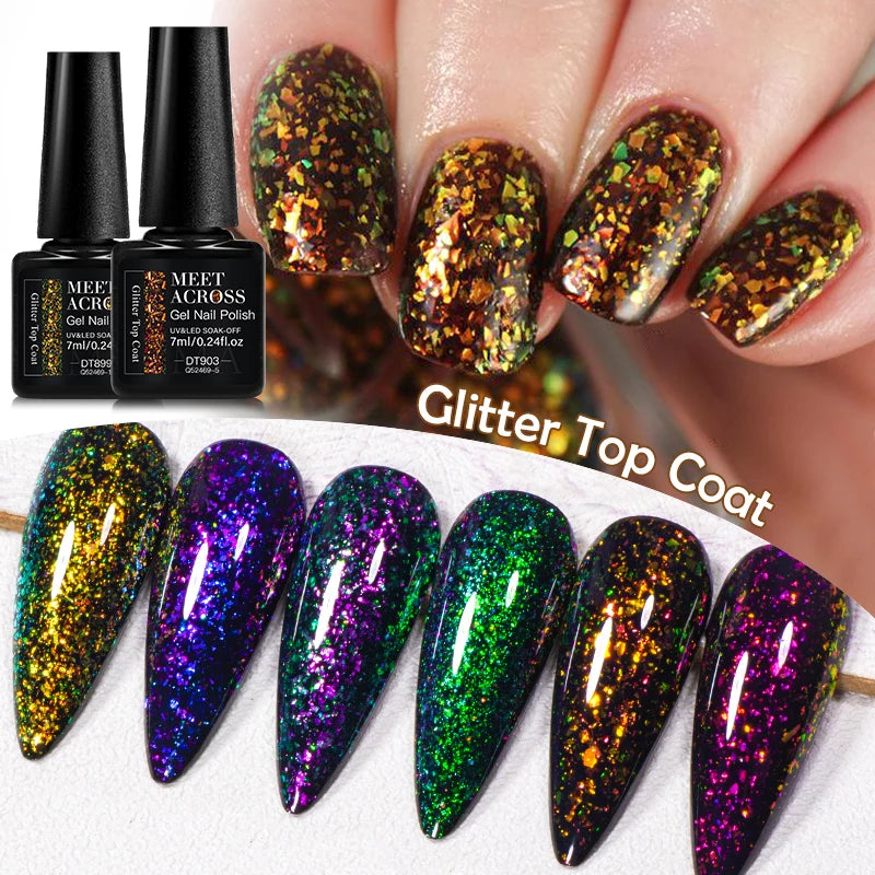 MEET ACROSS 7ml Dark Color Glitter Top Coat Gel For Nails Brocade Powder 2 In 1 Chameleon Nail Art Gel Varnish Manicure