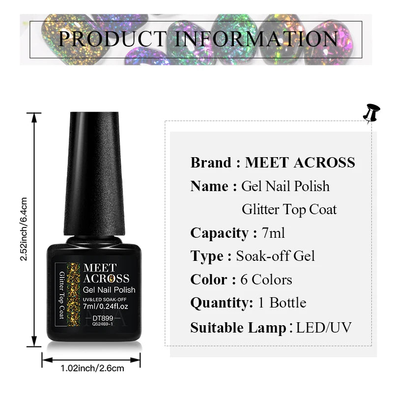MEET ACROSS 7ml Dark Color Glitter Top Coat Gel For Nails Brocade Powder 2 In 1 Chameleon Nail Art Gel Varnish Manicure