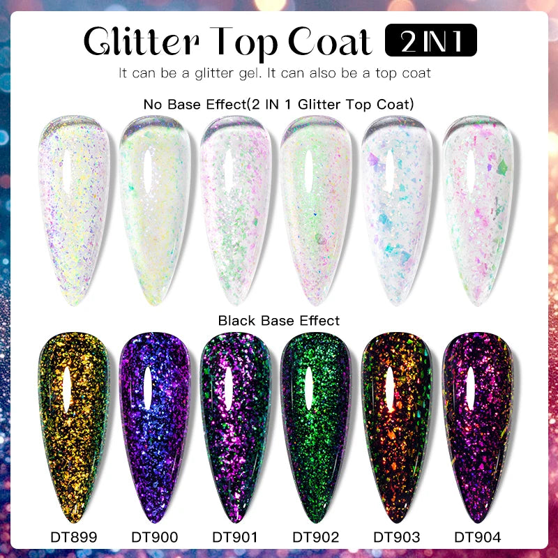 MEET ACROSS 7ml Dark Color Glitter Top Coat Gel For Nails Brocade Powder 2 In 1 Chameleon Nail Art Gel Varnish Manicure