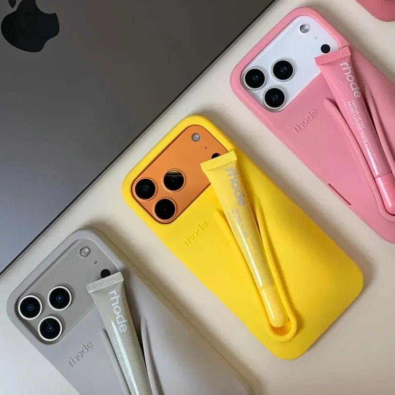 RHODE Lip Gloss Phone Case Silicone Protective Cases Makeup Lipstick Holder Set for IPhone 14 15 16 17 Pro Max Air 13 12 11 Plus