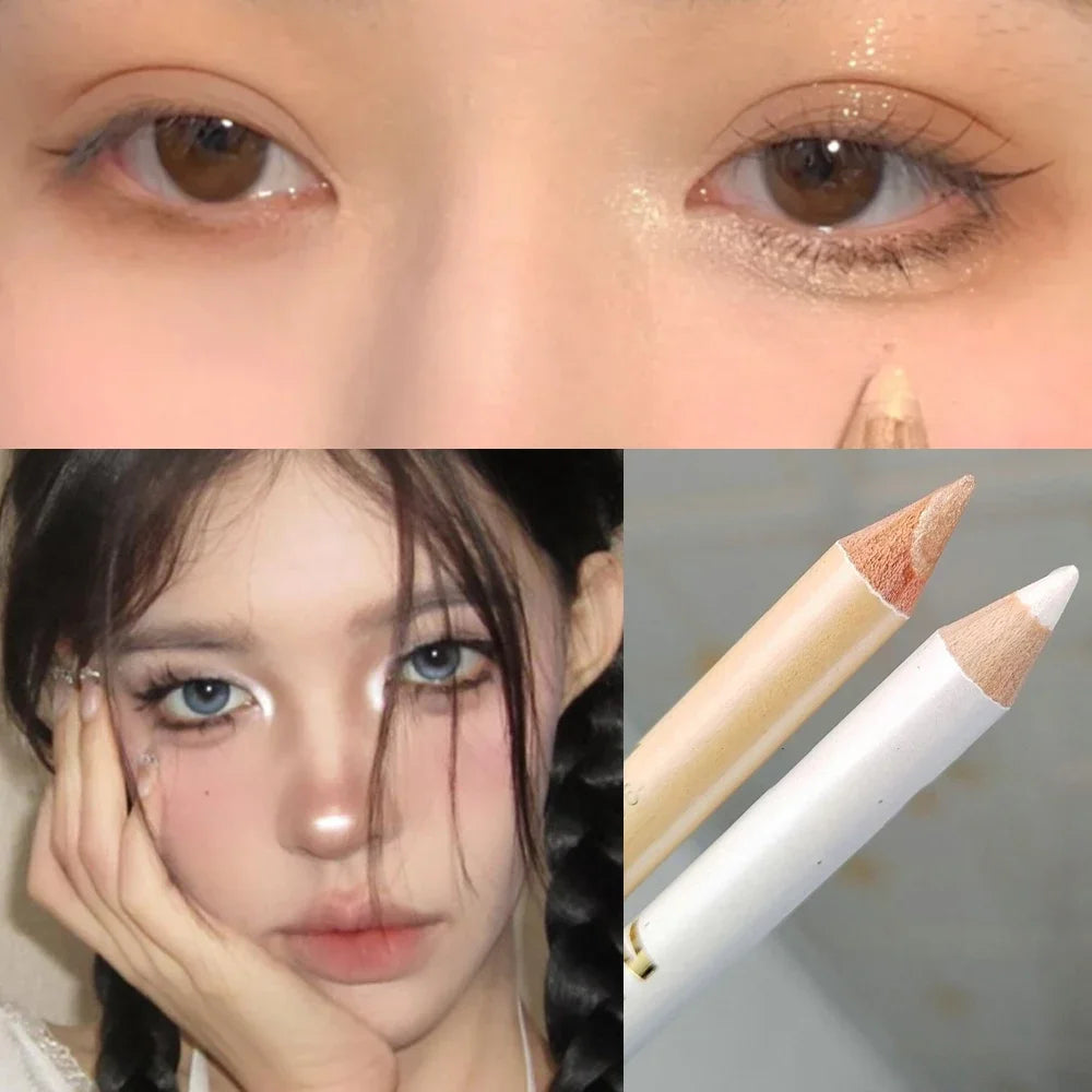 Wooden Dual-use Black Eyeliner Eyebrow Highgloss Pencil 3 In 1 Lasting Non Smudg White Silkworm Brighten Eye Shadow Stick Makeup