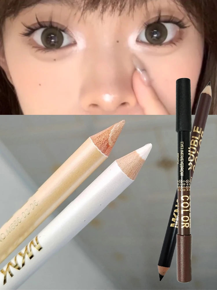 Wooden Dual-use Black Eyeliner Eyebrow Highgloss Pencil 3 In 1 Lasting Non Smudg White Silkworm Brighten Eye Shadow Stick Makeup