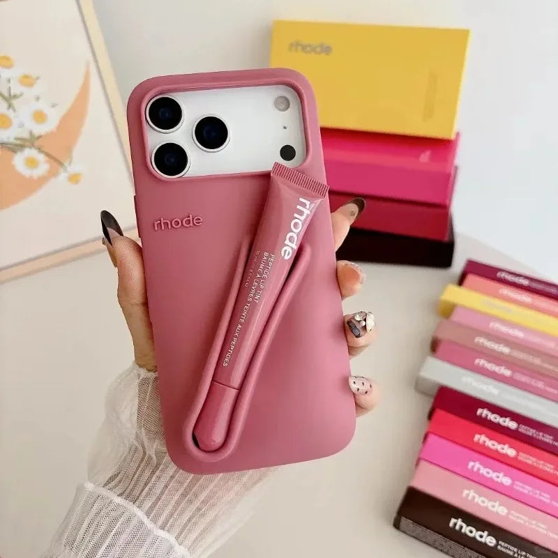 RHODE Lip Gloss Phone Case Silicone Protective Cases Makeup Lipstick Holder Set for IPhone 14 15 16 17 Pro Max Air 13 12 11 Plus