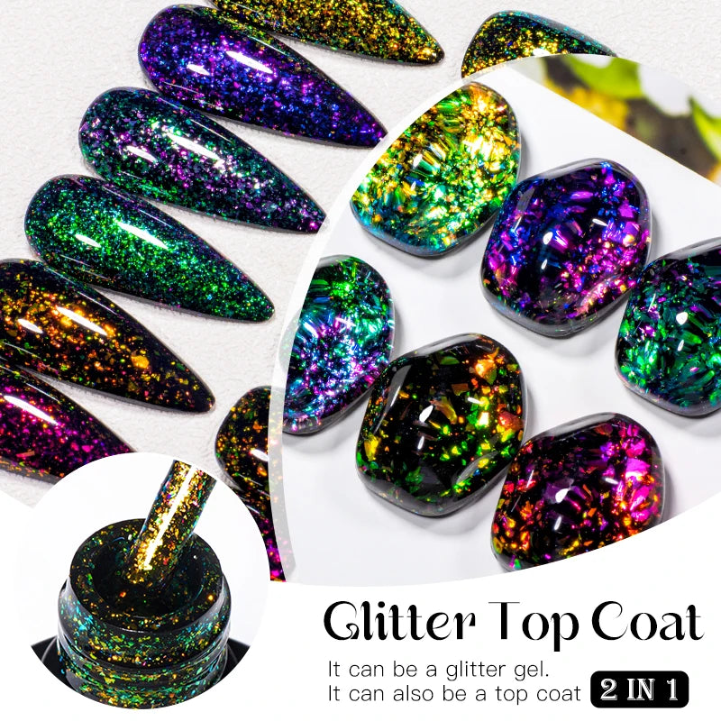 MEET ACROSS 7ml Dark Color Glitter Top Coat Gel For Nails Brocade Powder 2 In 1 Chameleon Nail Art Gel Varnish Manicure