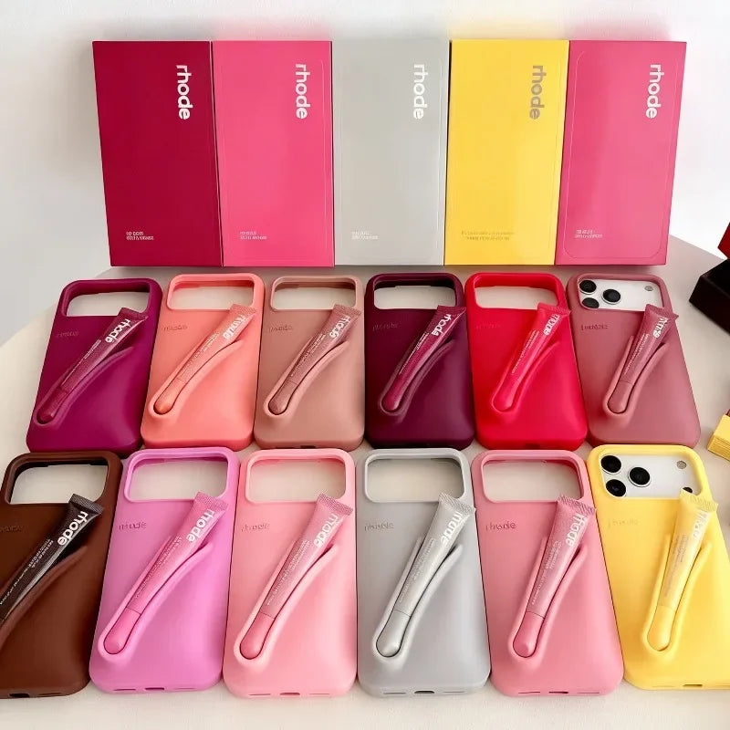 RHODE Lip Gloss Phone Case Silicone Protective Cases Makeup Lipstick Holder Set for IPhone 14 15 16 17 Pro Max Air 13 12 11 Plus