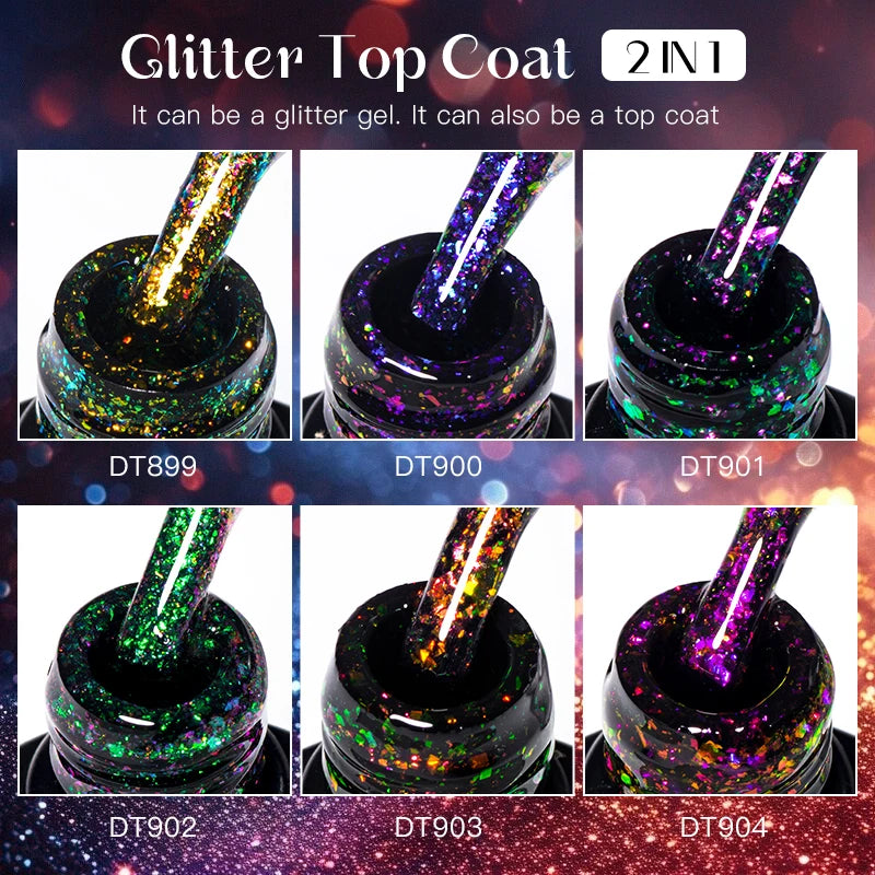 MEET ACROSS 7ml Dark Color Glitter Top Coat Gel For Nails Brocade Powder 2 In 1 Chameleon Nail Art Gel Varnish Manicure