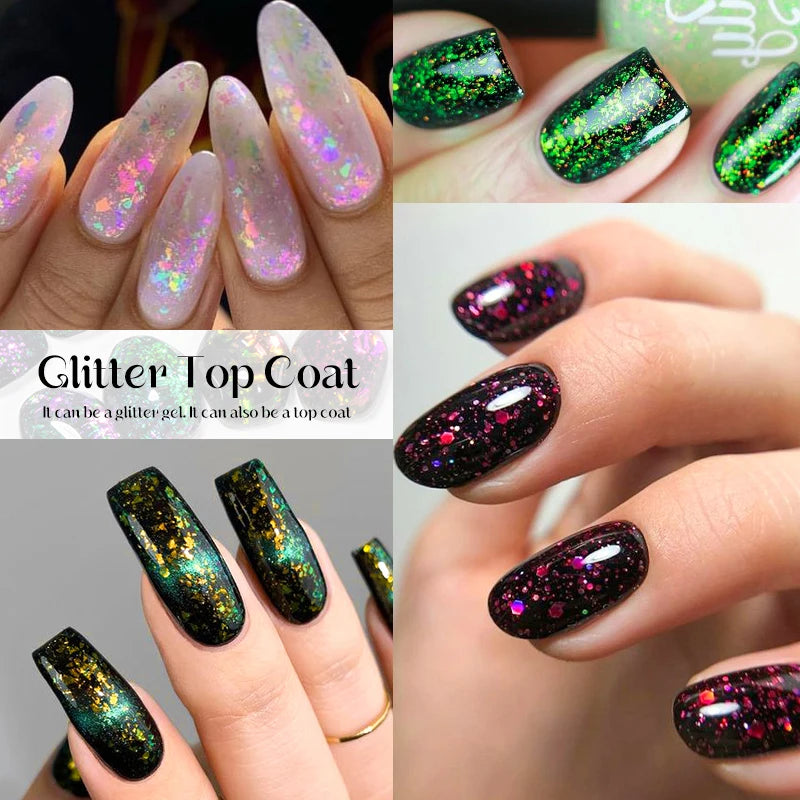 MEET ACROSS 7ml Dark Color Glitter Top Coat Gel For Nails Brocade Powder 2 In 1 Chameleon Nail Art Gel Varnish Manicure