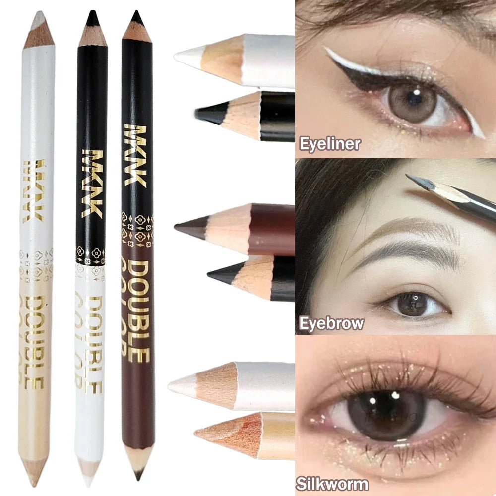 Wooden Dual-use Black Eyeliner Eyebrow Highgloss Pencil 3 In 1 Lasting Non Smudg White Silkworm Brighten Eye Shadow Stick Makeup