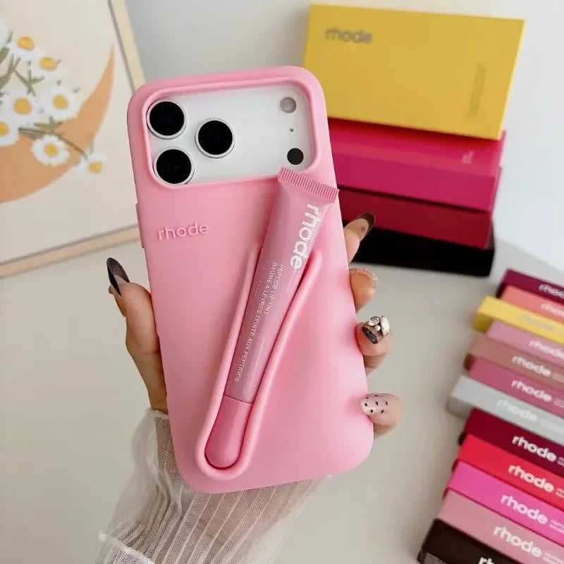 RHODE Lip Gloss Phone Case Silicone Protective Cases Makeup Lipstick Holder Set for IPhone 14 15 16 17 Pro Max Air 13 12 11 Plus