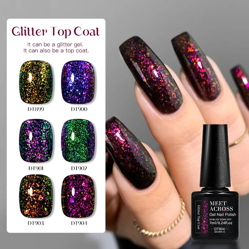 MEET ACROSS 7ml Dark Color Glitter Top Coat Gel For Nails Brocade Powder 2 In 1 Chameleon Nail Art Gel Varnish Manicure