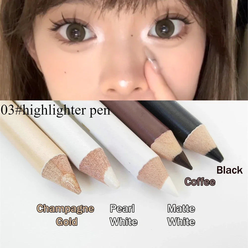 Wooden Dual-use Black Eyeliner Eyebrow Highgloss Pencil 3 In 1 Lasting Non Smudg White Silkworm Brighten Eye Shadow Stick Makeup