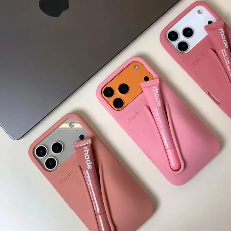 RHODE Lip Gloss Phone Case Silicone Protective Cases Makeup Lipstick Holder Set for IPhone 14 15 16 17 Pro Max Air 13 12 11 Plus
