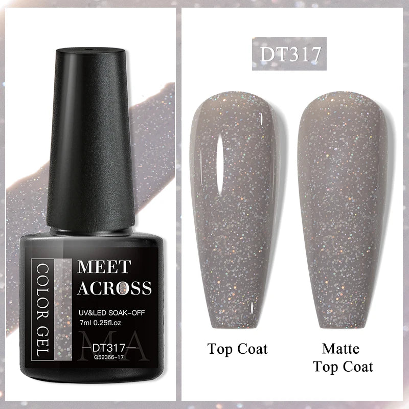 MEET ACROSS 7ml Dark Color Glitter Top Coat Gel For Nails Brocade Powder 2 In 1 Chameleon Nail Art Gel Varnish Manicure